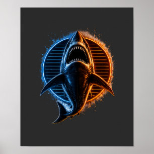 Blauw & Oranje Haai Grafisch T-Shirt Design Fier Poster