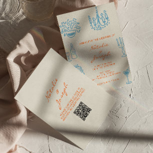Blauw Oranje Handgetekende Whimsical QR Code Huwel Kaart