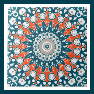 Blauw & Oranje Mandala Kaleidoscoop Medaillon Tegeltje