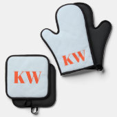 Blauw Oranje Monogram Beginletters Keukencadeau Ovenwant & Pannenlap Set (Voorkant / Achterkant)