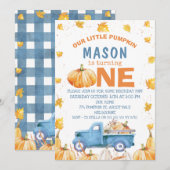 Blauw Oranje pompoen vrachtwagen 1ste verjaardag Kaart (Voorkant / Achterkant)