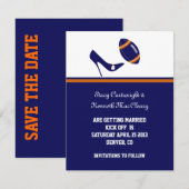 Blauw & Oranje Voetbal Bruiloft Save The Date (Voorkant / Achterkant)