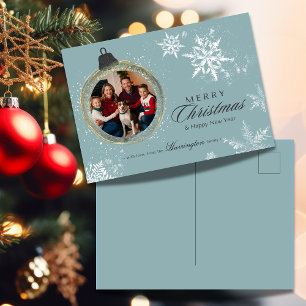 Blauw Ornament Familie Kerstfoto Sneeuwvlok Feestdagenkaart