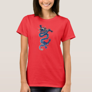 Blauw-orthoekige draak antiek-Chinese borduurwerk T-shirt