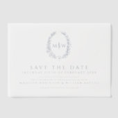 Blauw ovaal monogram save the date bruiloft vellum uitnodigingen (Voorkant)