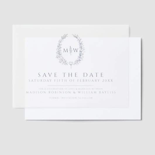 Blauw ovaal monogram save the date bruiloft vellum uitnodigingen (Offset)