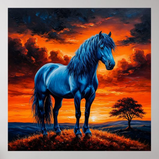 Blauw paard in een levendig zonsondergang landscha poster (Voorkant)