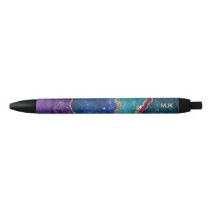Blauw Paars Aqua Goud Aderen Agaat Monogram Zwarte Inkt Pen