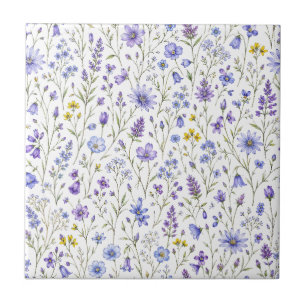 Blauw Paars Geel Aquarel Wilde Bloem Patroon Tegeltje