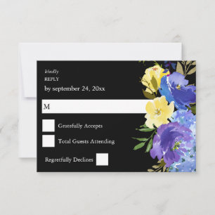 Blauw Paars & Geel Bloemstuk RSVP Kaart - Zwart