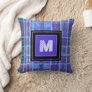 Blauw Paars monogram voor geometrische Waterverf Kussen