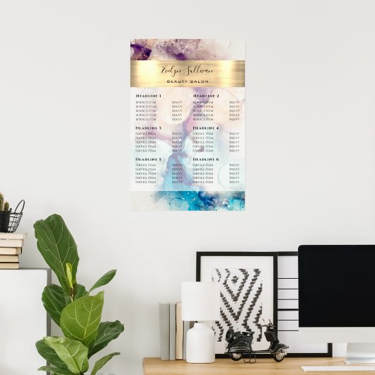 Blauw Paars Waterverf Gold Foil price List Poster (Thuiskantoor)