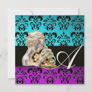 BLAUW, PAARS, ZWART, WIT DAMAST JEWEL MONOGRAM KAART