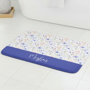 Blauw Paarse Aquarel Wilde Bloem Naam Monogram Badmat