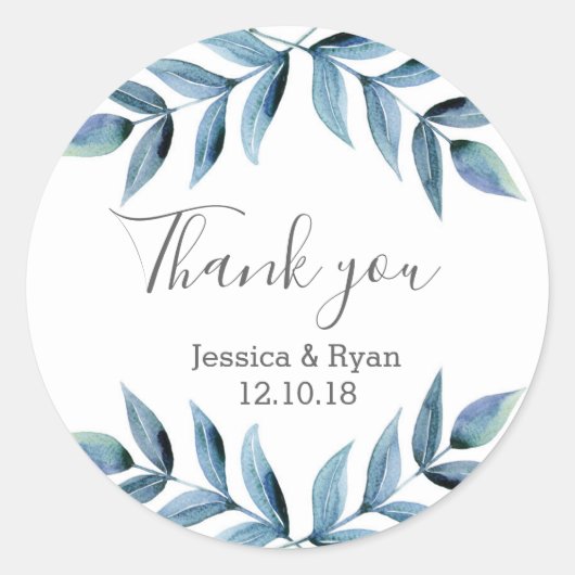 Blauw Paarse bloemenbruiloft Dank u stickers (Voorkant)