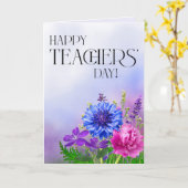 Blauw & Paarse Bloemrijke Juffrouw/Meesterdagkaart Kaart (Gele Bloem)