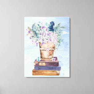 Blauw Paarse Boeken en Bloemen Canvas Wand Kunst Afdruk