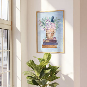 Blauw Paarse Boeken en Bloemen Muurkunst Poster