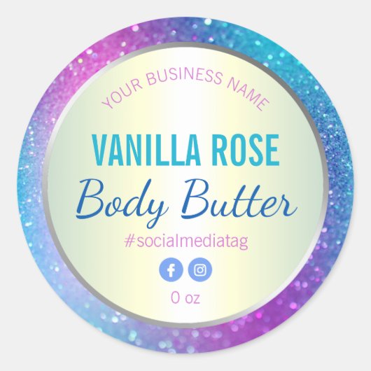 Blauw Paarse Glitter Holografisch Productlabel Ronde Sticker (Voorkant)