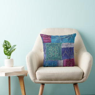 Blauw Paarse Groene Patchwork Omkeerbare Boho Kussen