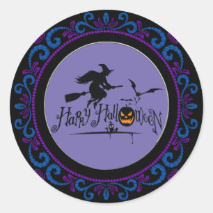 Blauw Paarse Happy Halloween Witch En Vleermuizen Ronde Sticker