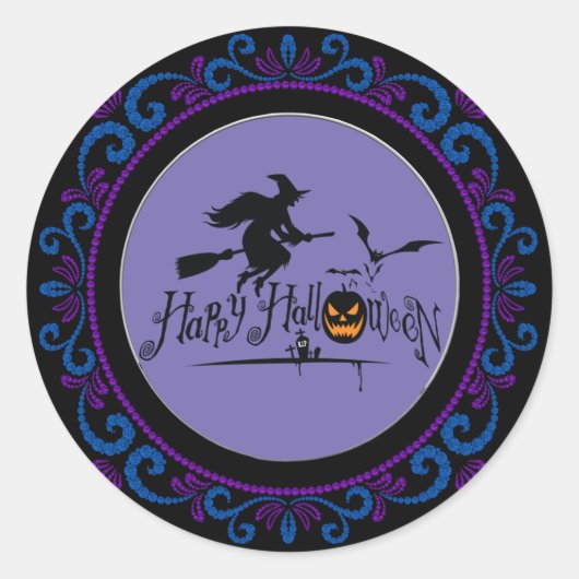 Blauw Paarse Happy Halloween Witch En Vleermuizen Ronde Sticker (Voorkant)