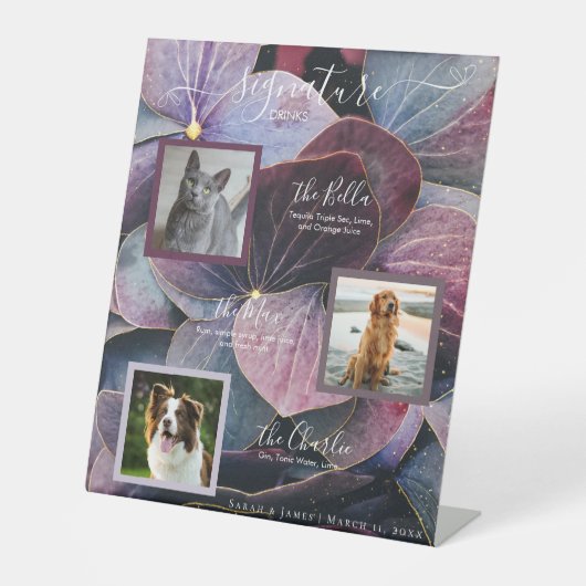 Blauw Paarse Hydrangeas 3 Foto Pet Signature Drink Reclamebord Met Voetstuk (Voorkant)