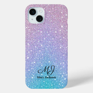 Blauw Paarse Ombre Glitter Gepersonaliseerd iPhone 15 Mini Hoesje