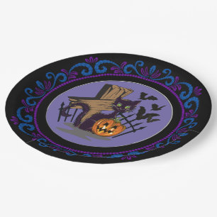 Blauw Paarse zwarte kat Tombstone beats Halloween Papieren Bordje
