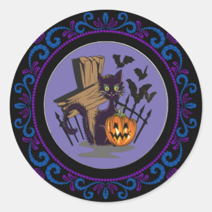 Blauw Paarse zwarte kat Tombstone beats Halloween Ronde Sticker