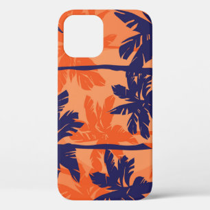 Blauw palmsilhouet, oranje achtergrond iPhone 12 hoesje
