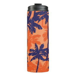 Blauw palmsilhouet, oranje achtergrond thermosbeker