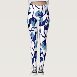 Blauw Pansy Floral: met de hand getekend naadloos. Leggings