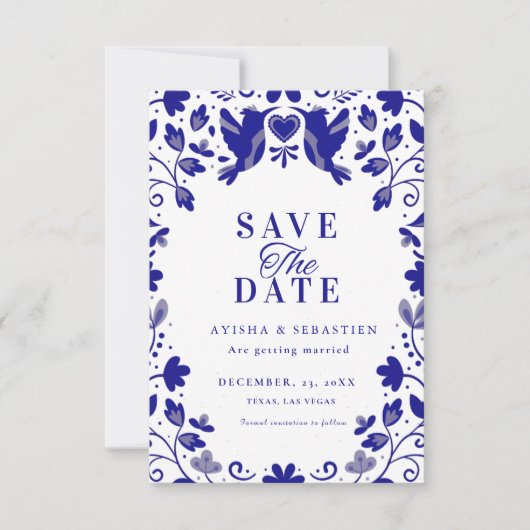 Blauw Papel Picado Geïnspireerd Huwelijk Save The Date (Voorkant)