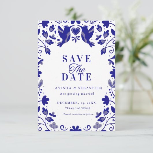 Blauw Papel Picado Geïnspireerd Huwelijk Save The Date (Staand voorkant)