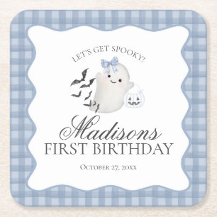 Blauw Pastel Little Boo Ghost Verjaardagsfeest Bar Vierkante Kartonnen Onderzetter