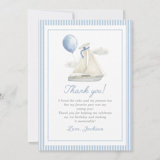 Blauw Pastel Scheepszeilboot 1e Verjaardag Bedankkaart (Voorkant)