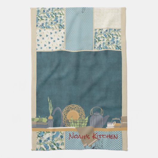 Blauw patchwork Shelf #1 Tea Kitchen Towel Theedoek (Verticaal)