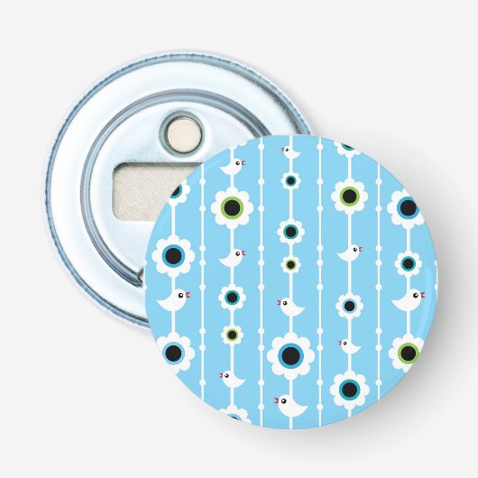 blauw patroon van vogel en bloemen button flesopener (Voorkant)