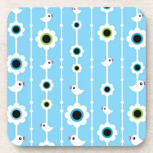 blauw patroon van vogel en bloemen drankjes onderzetter