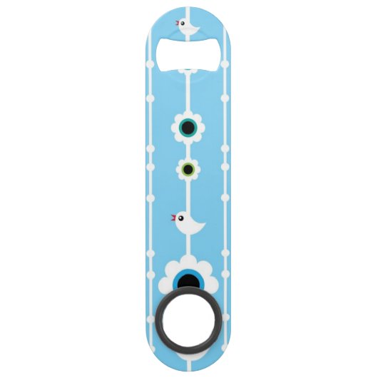 blauw patroon van vogel en bloemen speed flessenopener (Voorkant)