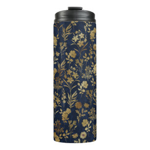Blauw patroonpatroon met goudbloemen thermosbeker
