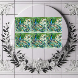 Blauw Pauwenpaar Groen Gouden Veren Motief Tegeltje