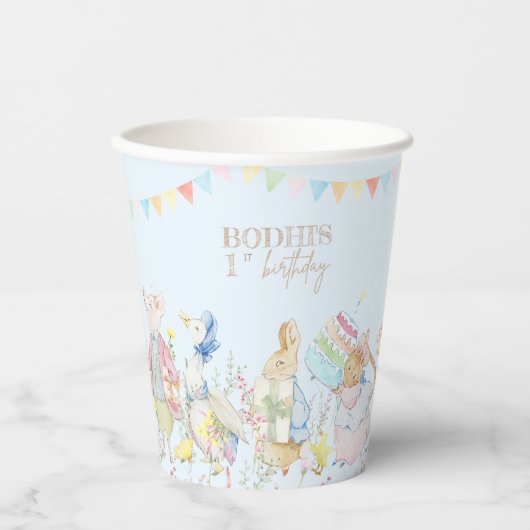 Blauw Peter het Konijn Eerste Verjaardag Papieren Bekers (Voorkant)