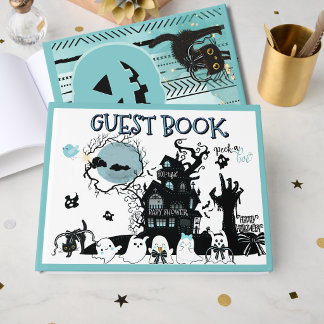 Blauw Piep-een-Kijk Halloween Baby Shower Gastenboek