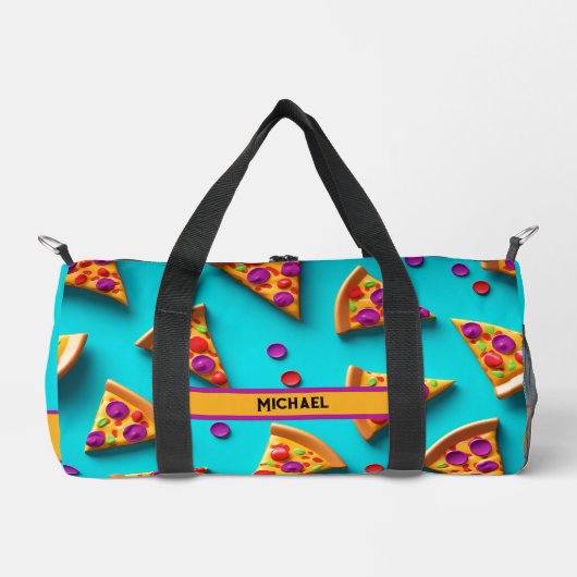 Blauw pizza patroon grappige naam of eigen tekst plunjezak (Voorkant)