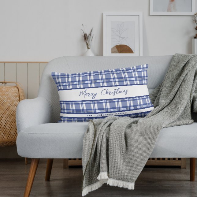 Blauw Plaid Vrolijk Kerstfeest Kussen (Creator heeft geüpload)