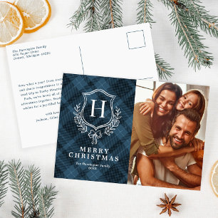 Blauw Plakken Monogram Foto Kerstmis Feestdagenkaart