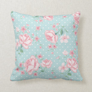 blauw poeder, roze, sjofele stip, bloemen, kussen