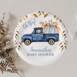 Blauw Pompoen Truck Baby shower Papier Papieren Bordje